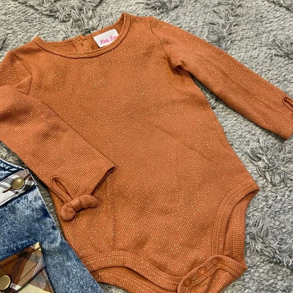 Little Lass 24M Toddler Girl Plaid Denim Pinafore Dress w/ Rust Sparkle Bodysuit - Picture 4 of 6